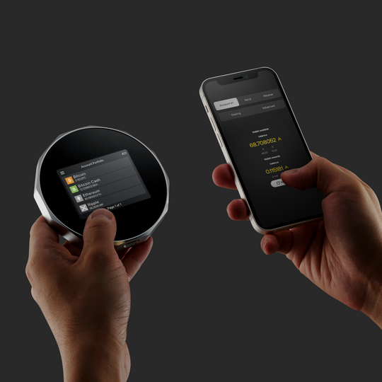 Image of a smartphone and SecuX V20 wallet showing a fund transfer screen