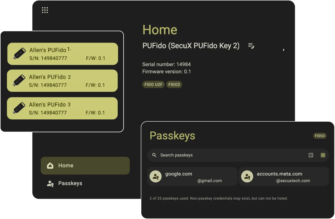 SecuX Authenticator passkey list